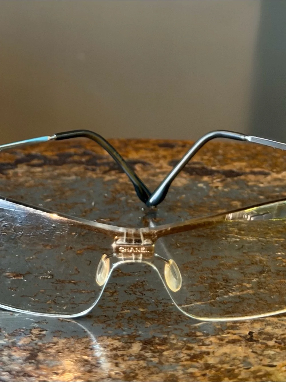 CHANEL Clear Rimless Shield Sunglasses with Silver Temples